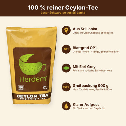 Herdem Ceylon Tee OP1 – Schwarzer Tee lose, 900 g – 100 % reiner Ceylon-Tee mit Earl Grey Aroma, abgepackt in Sri Lanka