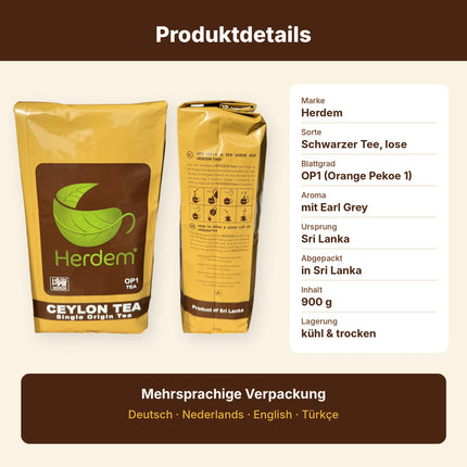 Herdem Ceylon Tee OP1 – Schwarzer Tee lose, 900 g – 100 % reiner Ceylon-Tee mit Earl Grey Aroma, abgepackt in Sri Lanka