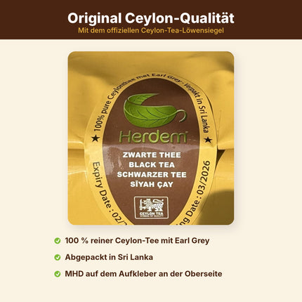 Herdem Ceylon Tee OP1 – Schwarzer Tee lose, 900 g – 100 % reiner Ceylon-Tee mit Earl Grey Aroma, abgepackt in Sri Lanka