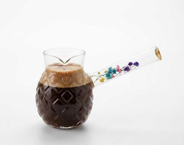 JOY Cezve Kännchen mit Blumendekor Borosilikat Glas 330 ml