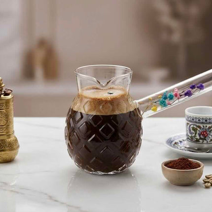 JOY Cezve Kännchen mit Blumendekor Borosilikat Glas 330 ml