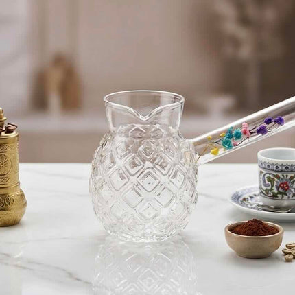 JOY Cezve Kännchen mit Blumendekor Borosilikat Glas 330 ml