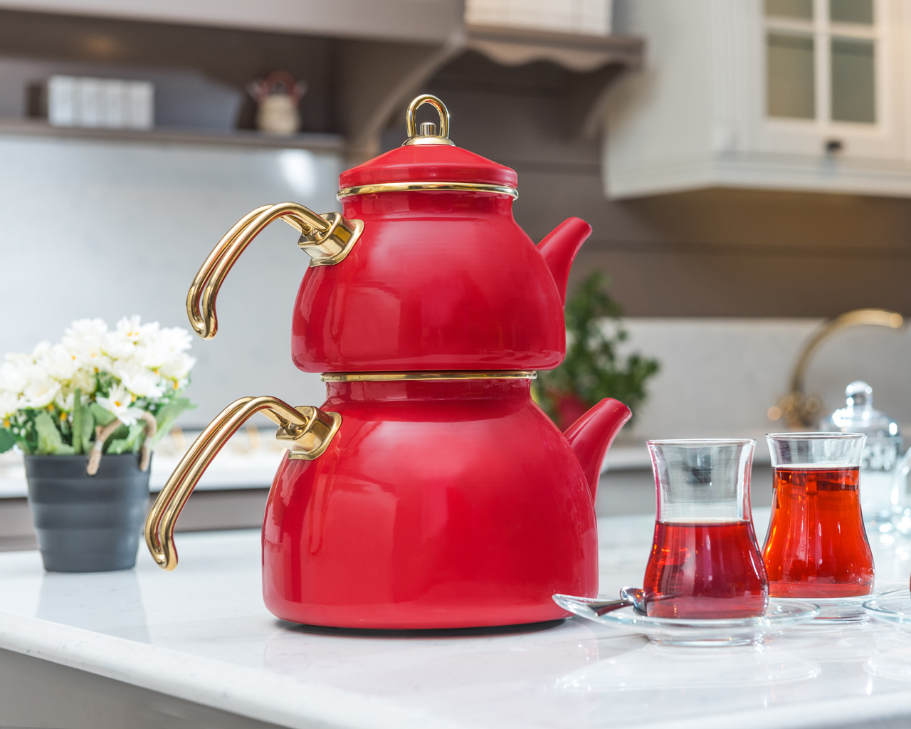 IMG_5491 Grandeur GLORY Premium Emaille Teekanne ROT-Gold 1,1 und 2,3 Liter