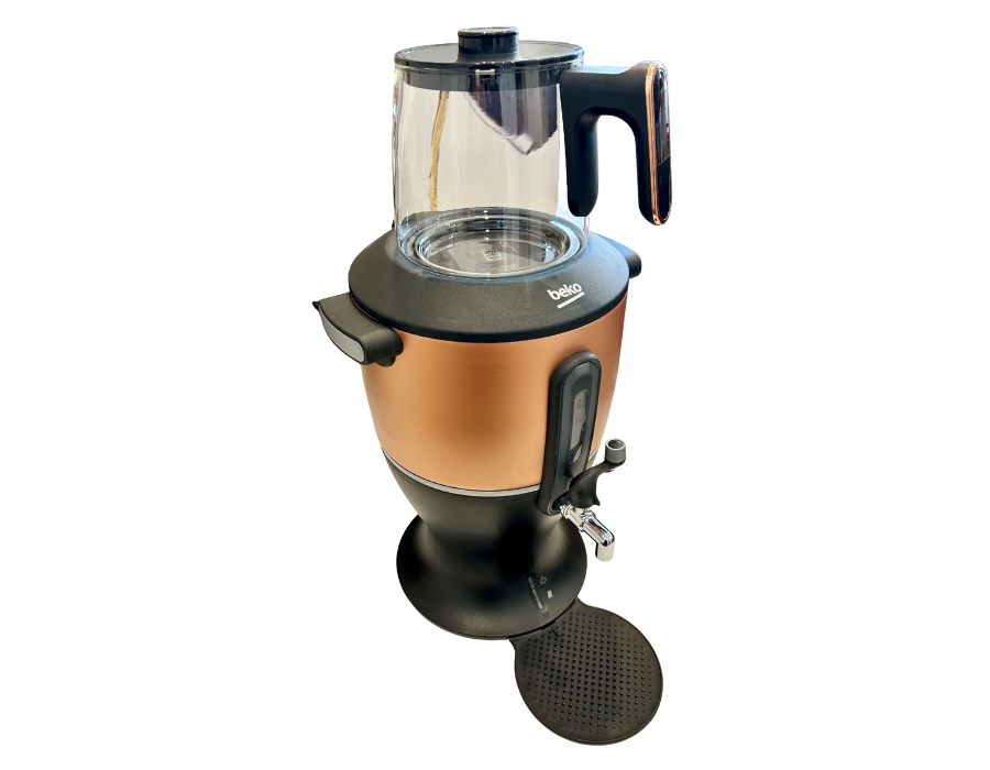 Mulex-Beko-Kupfer-Samowar-1 B-WARE - BEKO Samowar Teekocher Schwarz-KUPFER Glas Teekanne