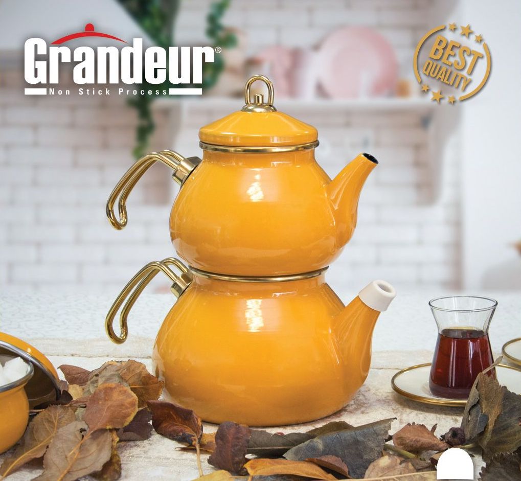 glory-sari-caydanlik-1 Grandeur GLORY Premium Emaille Teekanne GELB-Silber 1,1 und 2,3 Liter
