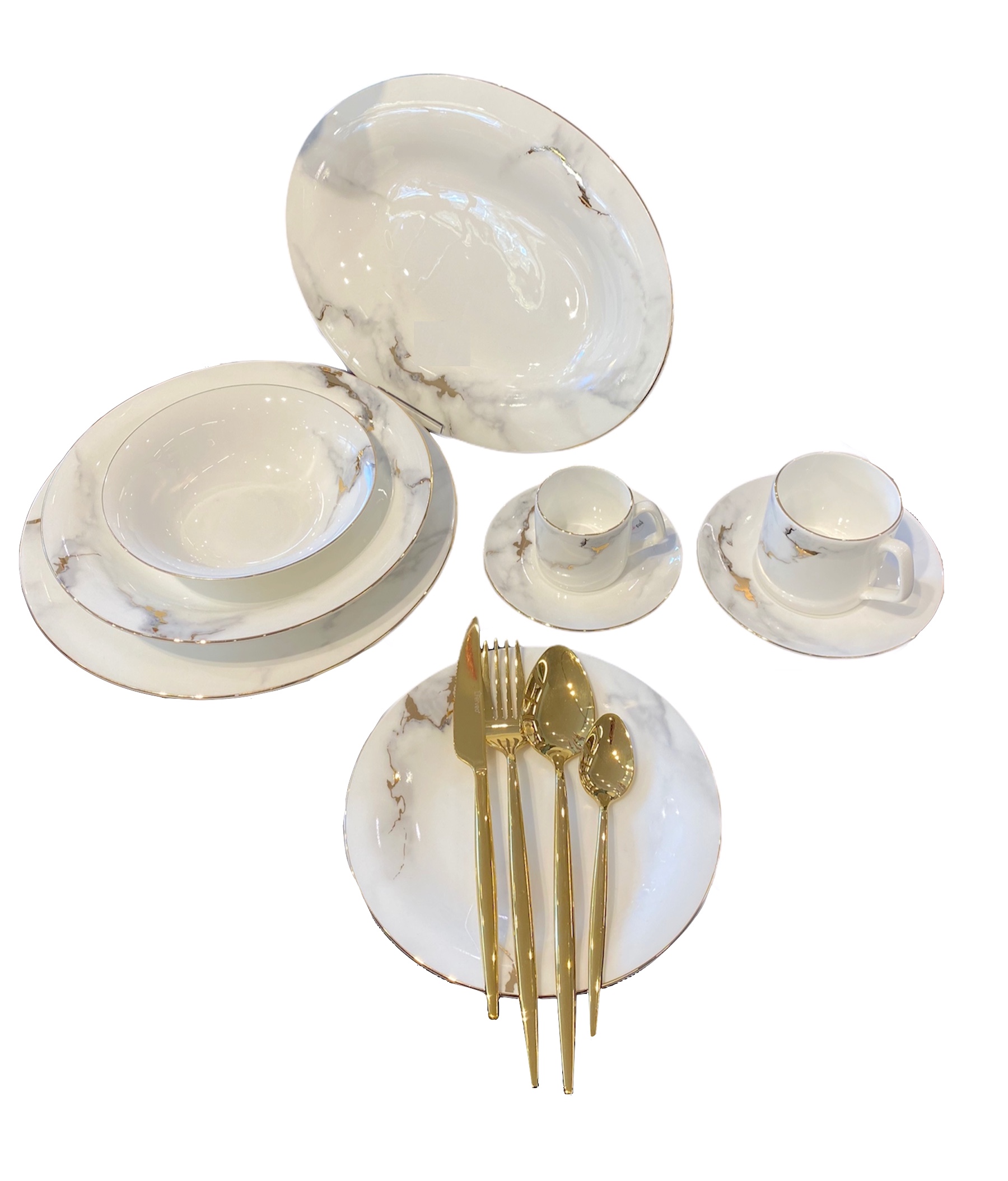 br-201847000001_1a Premium Tafelservice DRANCY Marmor Weiß-Gold 25-teilig