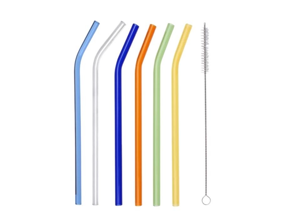 Trinkhalme-Hartglas-Bunt-6-Stu-ck-und-1-Bu-rste Trinkhalme Strohhalme aus Hartglas, Bunt, 6 Stück und 1 Bürste, Gebogen