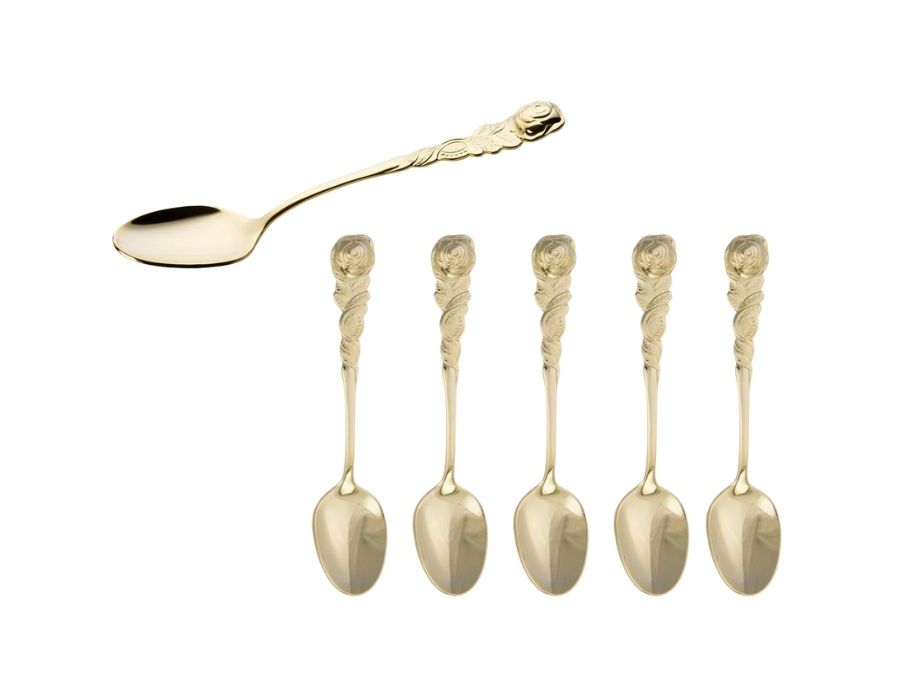telo-ffel-rosendekor-gold-1 Teelöffel Espressolöffel 10 cm GOLD mit Rosendekor 6 Stück