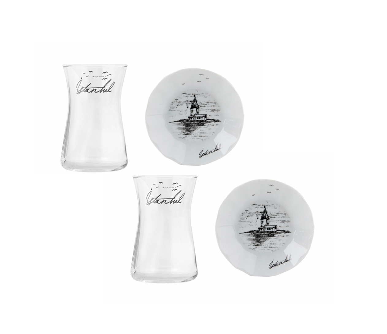 04AP018710-b ISTANBUL Teeset Glas mit Porzellan Untersetzer 4-teilig